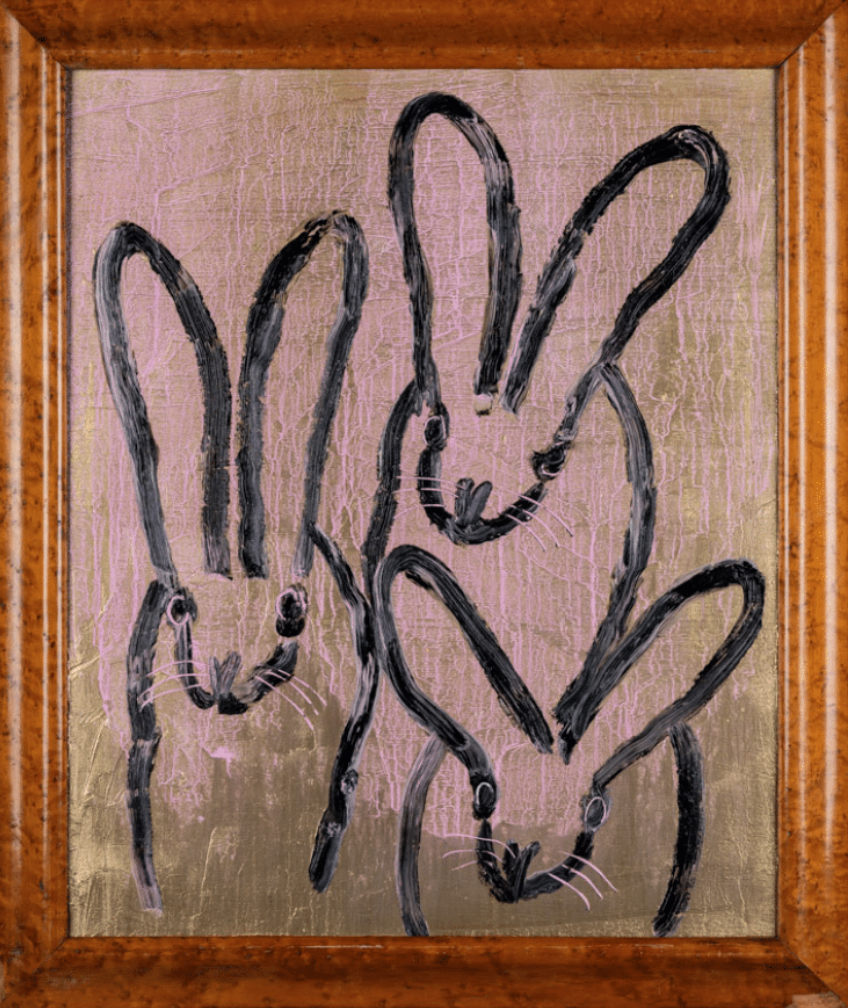 Abstract painting of four bunny-like figures with simple black lines on a textured background. Abstract painting of four bunny-like figures with simple black lines on a textured background.