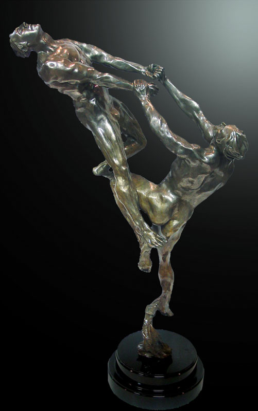 A metallic sculpture of intertwined human figures in dynamic poses. A metallic sculpture of intertwined human figures in dynamic poses.