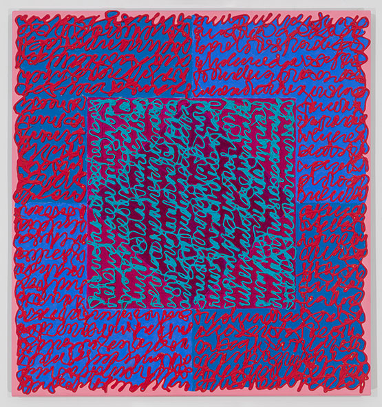 Abstract artwork with layered red, blue, and black scribbles forming a central square.